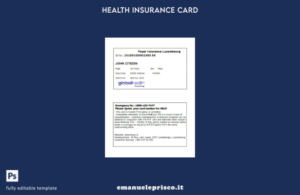 modello di tessera di assicurazione sanitaria lussemburghese in stile verificato